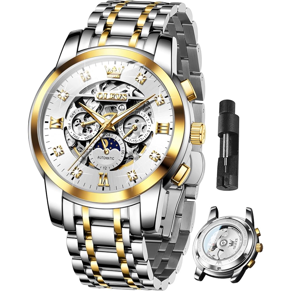 OLEVS Men s Automatic Skeleton Watch Diamond Luxury Mechanical Dress Watch Waterproof Luminous Two-Tone Band White Dial