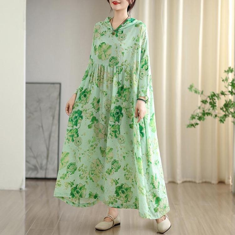 Women Plus Size Floral Print Maxi Dress Casual Loose Long Sleeve O Neck Oversize Long Hat Dress 8109