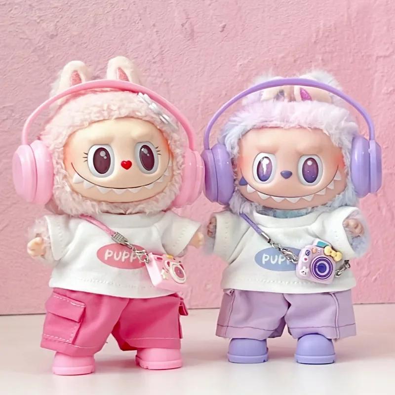 For Labubu Clothes 1-3 Gen Doll Sitting Party Outfits PU T-Shirt Cargo Pants Glasses Crossbody Bag Dopamine Fashion Set