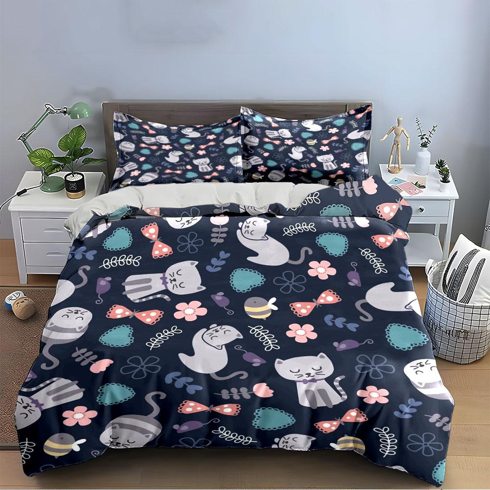 Cute Cartoon Cats Floral Design Bedding Duvet Cover Set Duvet Cover Pillowcases (1 * Duvet Cover 2 * Pillowcases, Without Duvet Insert)
