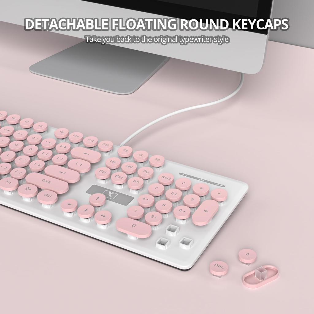 White US Layout Retro Typewriter Round 3 Brightness Full Numeric Silent for Pink & LightWired Keyboard, Style, Keycaps, Backlit, Levels, Size,