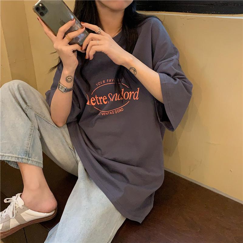 Sommer 2024 Koreanischer Retro Midilänge Locker Übergröße Trendiges Damen Kurzarm T-Shirt