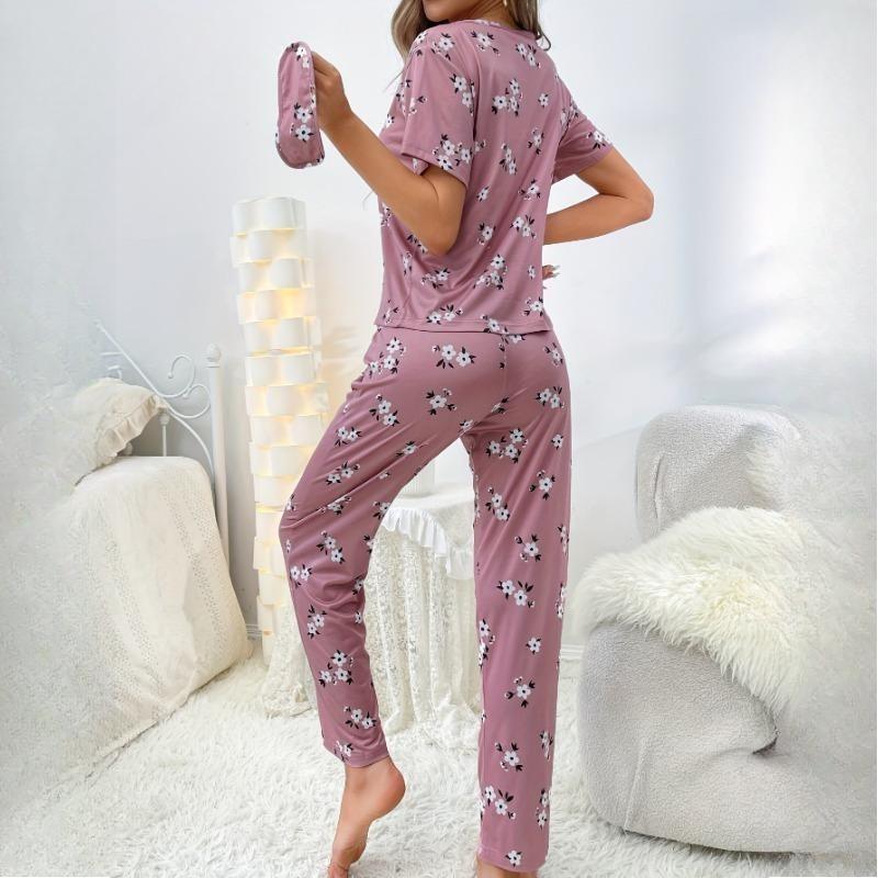 Damen Loungewear O-Ausschnitt Kurzarm Lange Hose Bedruckt Pyjama-Set