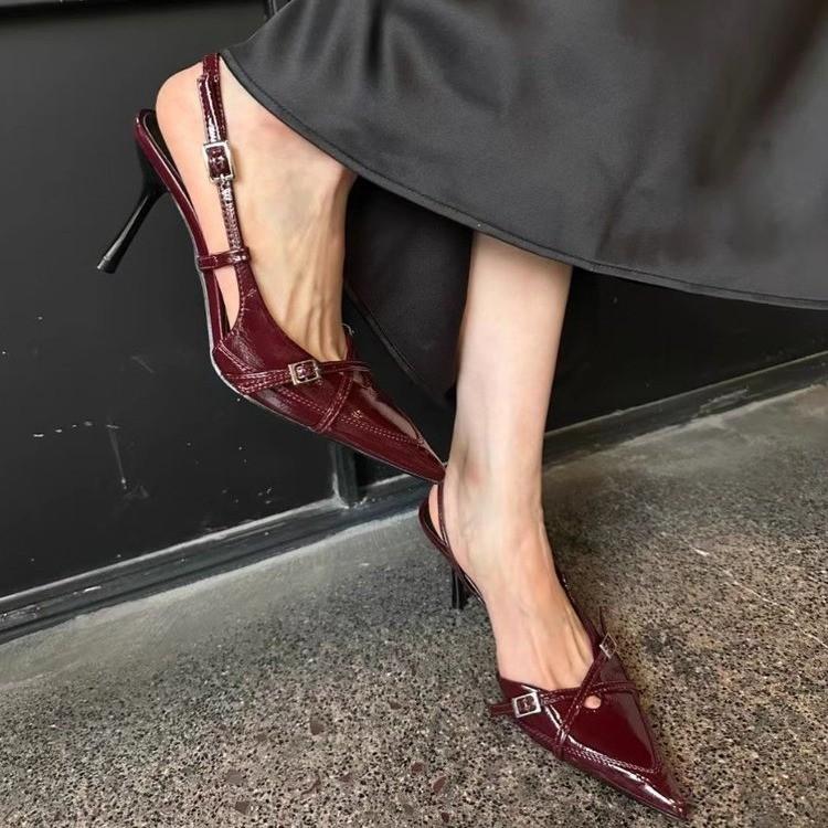

Весна-лето 2025 новые туфли на высоком каблуке с перекрестными ремешками, остроносые, на тонком каблуке, из лакированной кожи, туфли с перекрестными ремешками, босоножки с закрытым носком 39 бордовый