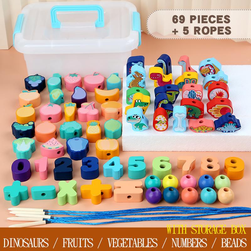 Wooden Dinosaur Beaded Rope Toy, Children DIY Baby Early Education Educational Beads Large Particle Building Block