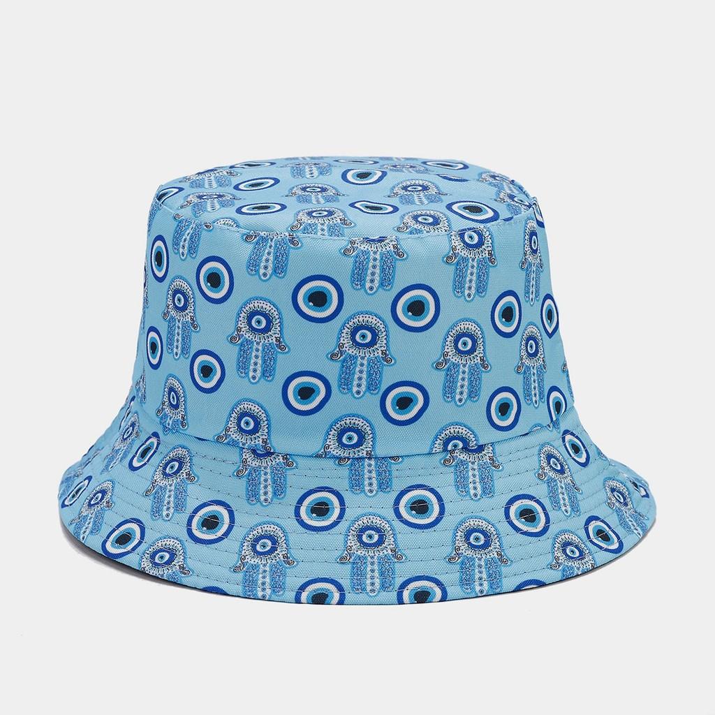 

Spring Summer Cotton Blend Wide Brim Fisherman Hat With Double Sided And Eye Print Design LightBlue
