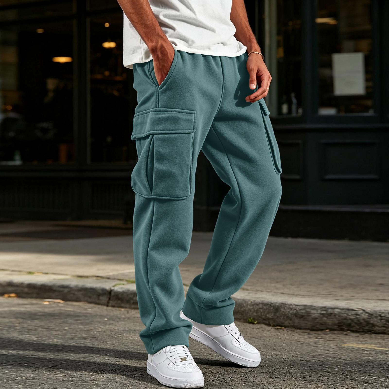 Pantaloni de trening pentru bărbați cu 4 buzunare, Talie elastică cu șnur, Pantaloni de antrenament cu crac drept XXL albastru