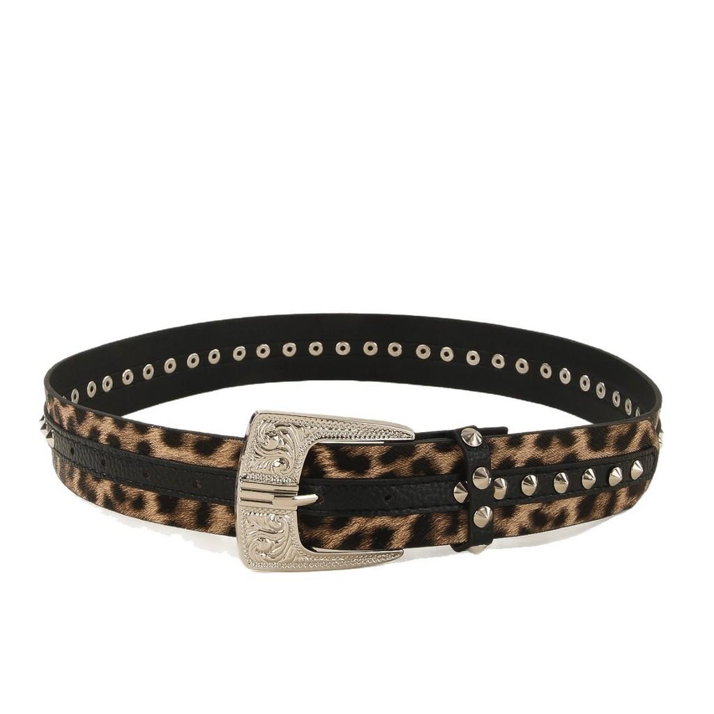 Fashion Print Leopard Pattern Rhinestone Metal Buckle Decoration Women Wide Belt