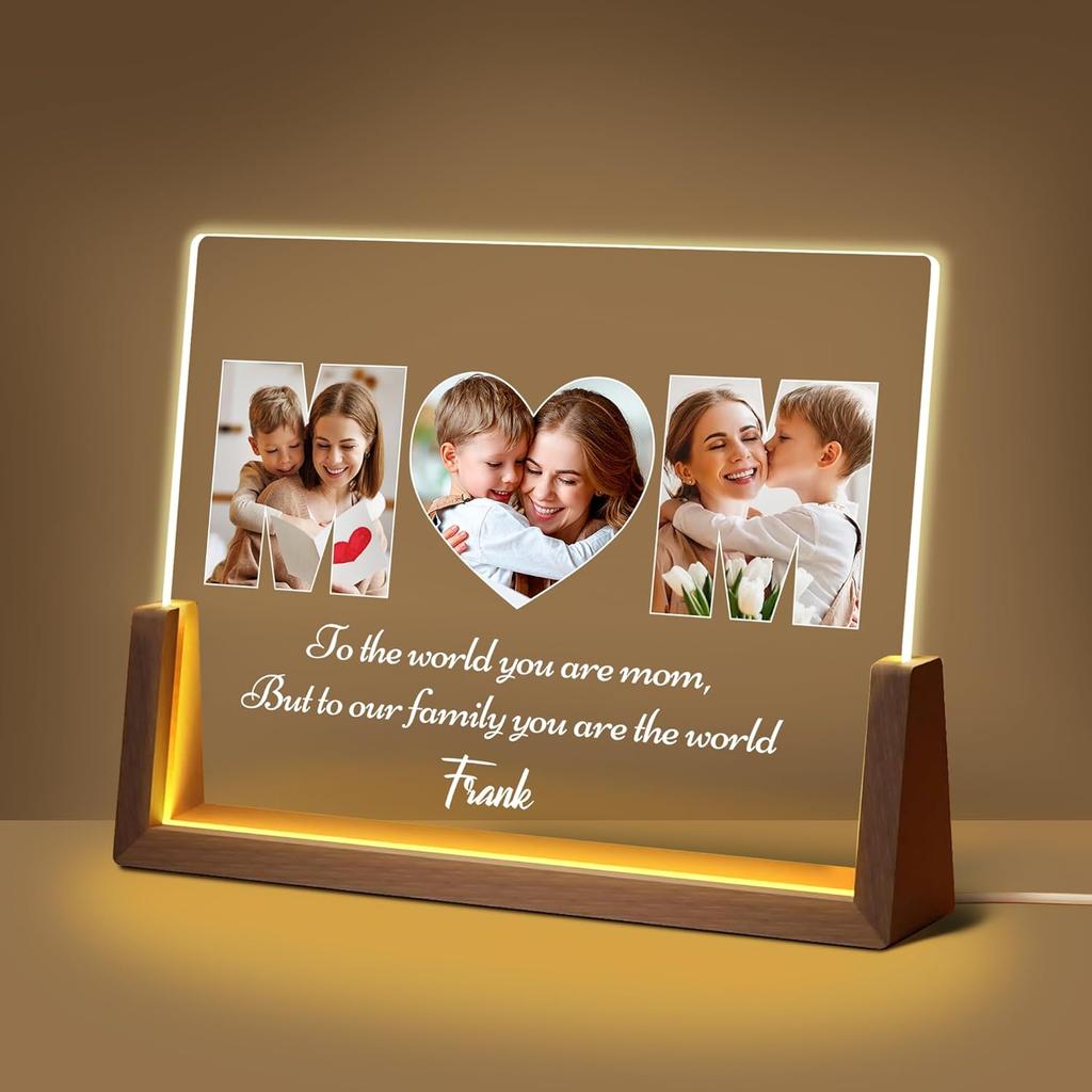 Personalized Mothers Day Unique Gifts for Mom Wife, Mom Gifts from Daughter Son Husband, Custom Acrylic Night Light Picture Frame with Photo Name,