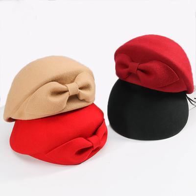 2019 Pălărie roșie de nuntă pentru femei, vintage, 100% din pâslă de lână, pălării cu pastile, fascinator negru, iarnă, cu fundă, beretă, pălării bisericești