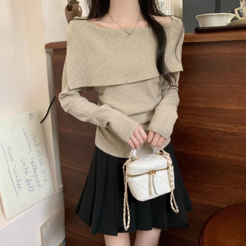 Preferred design sense One-word shoulder lapel long-sleeved knitted sweater Women's autumn and winter thin sexy sweet and spicy sweater Versatile