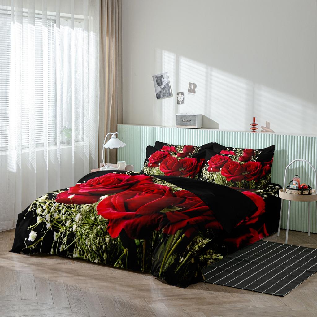 3Pcs Black Red Rose Hd Print Duvet Cover Set, Flower Art Printed Bedding, For Family Bedrooms Dormitories Hotels