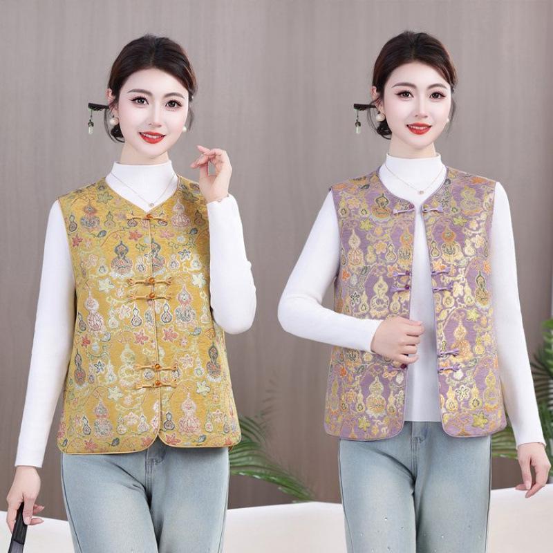 2026 Spring Chinese Jacquard Frog Button Vest Jacket for Middle-aged Women