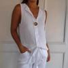 Women's Fake Cardigan Blouse V-neck Cotton Linen Sleeveless Casual Shirt