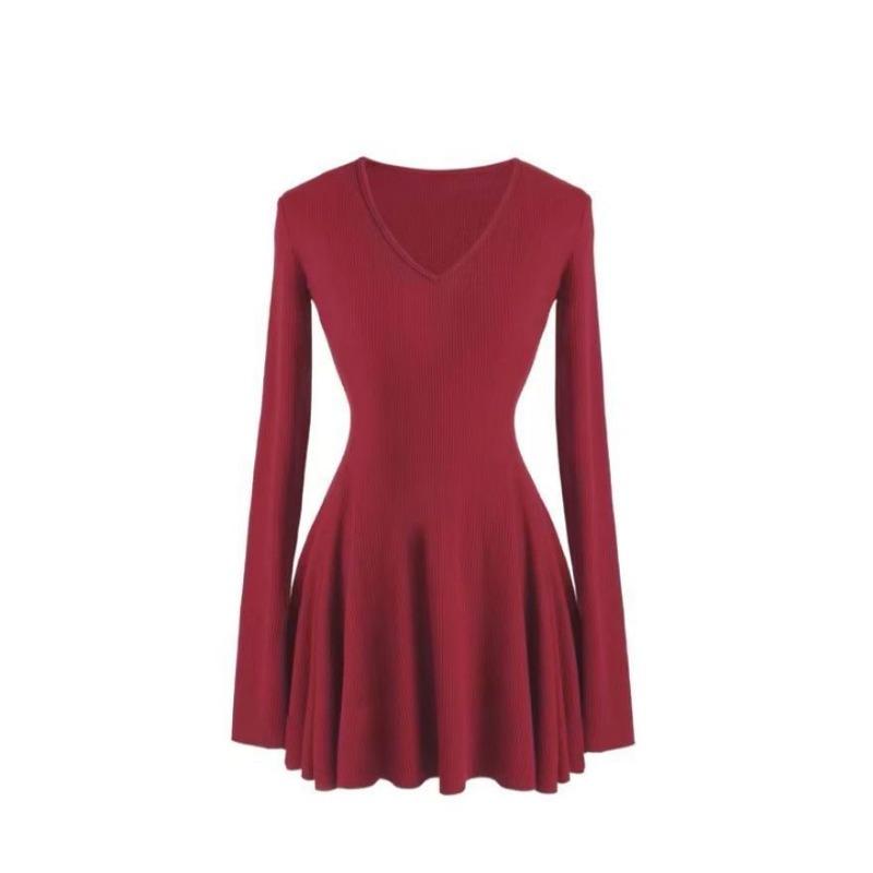 Rochie Mini Tricotată Elegantă de Toamnă Iarnă cu Gât în V, Mânecă Lungă, Potrivită cu Orice, cu Fund, Robă Vestidos