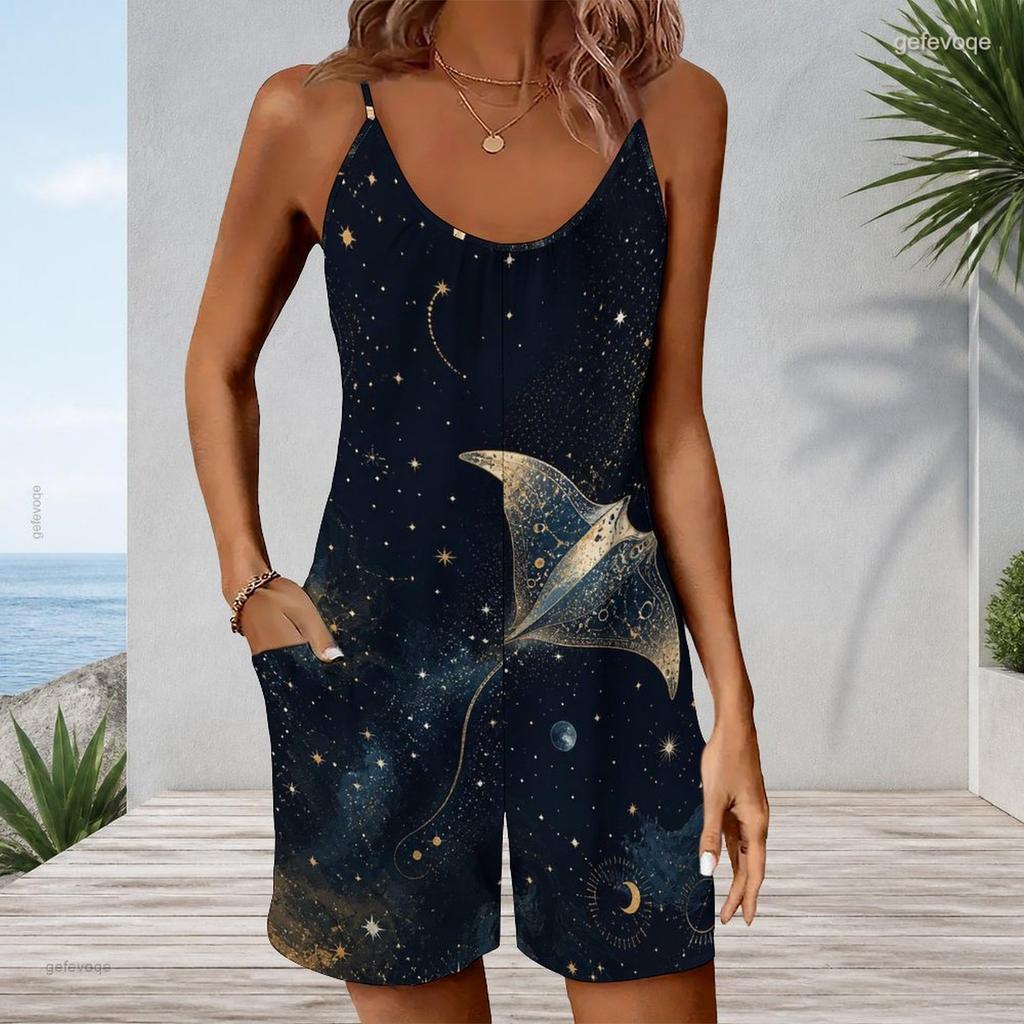 Women Plus Size Sleeveless Cami Short Romper Glitter Star Patriotic Flag Print Jumpsuit With Pockets