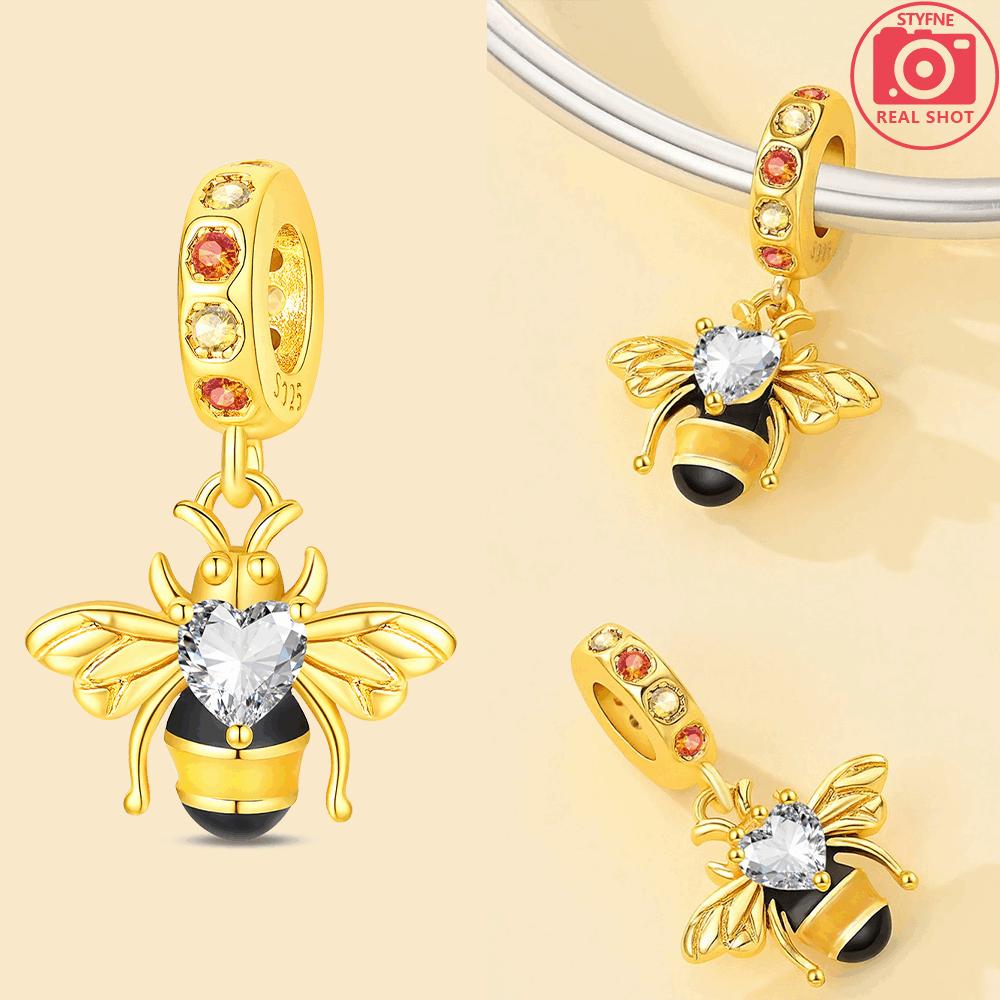 Golden Animal Charms 925 Silver Colored Zircon Bee Beads Pendant Fit Bracelet Necklace DIY Exquisite Jewelry Gifts