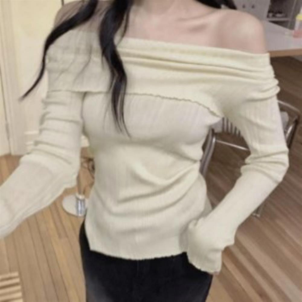 New Arrivals Open Run Women Off Shoulder AsymmeTric SliT Long Sleeve T shirT