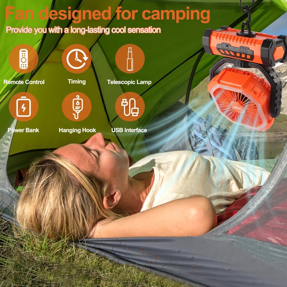 Portable USB Charging Camping Fan with LED Light & Hanging Hook Three Brightness Levels for Tent Travel Power Outage Hurricane