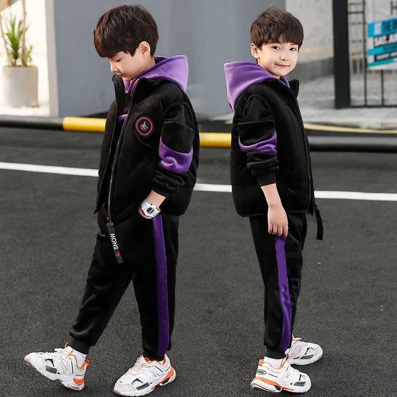 Children Fleece-Lined Thickened Boys Suit Three-Piece Set Trendy Autumn/Winter Outfit For Mid To Large Children