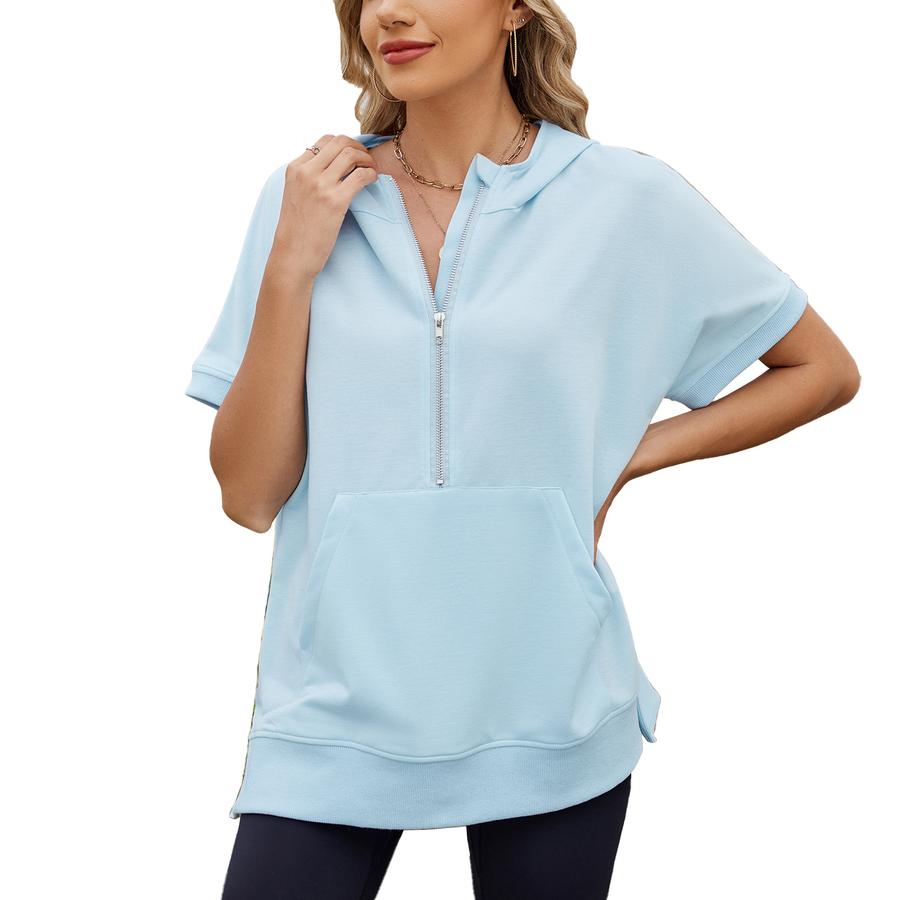 Spring Summer Loose Hooded Pullover Sweatshirt T-Shirt Top with Zipper Pocket