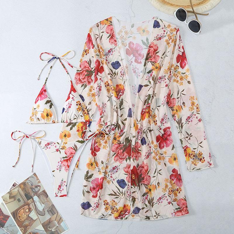 

3 Pieces Print Halter String Bikini Women & Kimono Swimwear Female Swimsuit Beachwear Bathers Bathing Swimming Swim Suit L