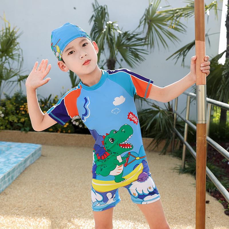 Children's Boys' One-Piece Short-Sleeve Swimsuit: Medium & Large, Quick-Dry, UV Protection