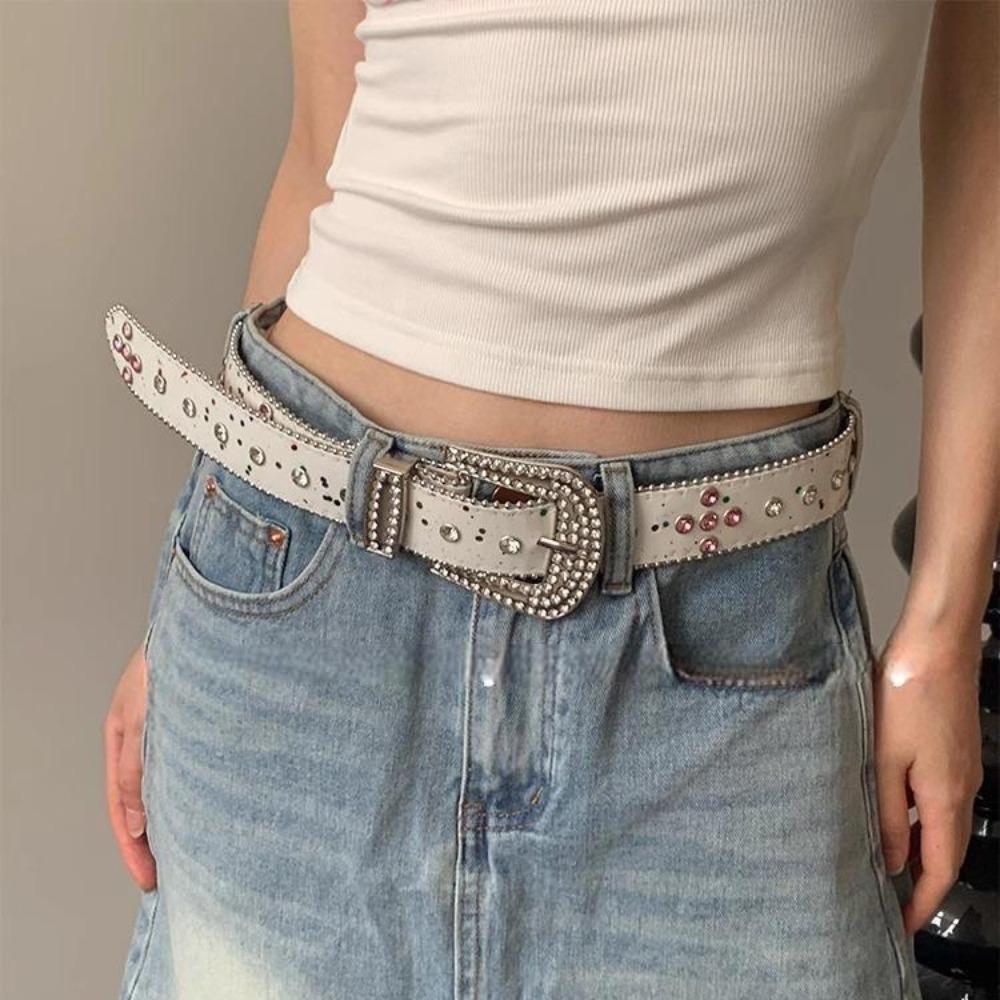 Shiny Retro Y2k Belt Gradient Pink Jeans Waistband Adjustable Rhinestone Waistband  Lady