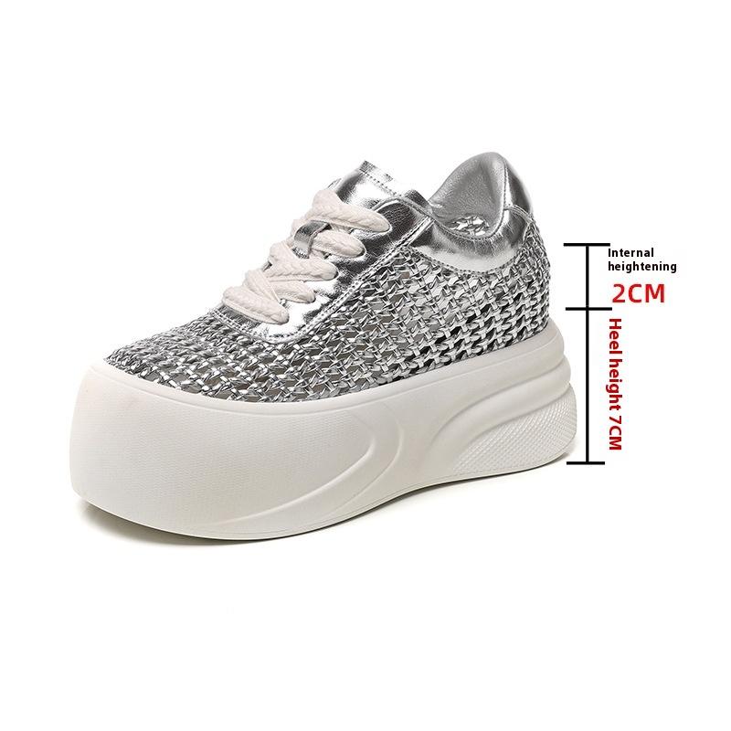 

Модные повседневные туфли на толстой подошве с полым верхом для женщин на лето, плетеные сетчатые белые туфли, универсальные туфли на платформе 34 серебряный