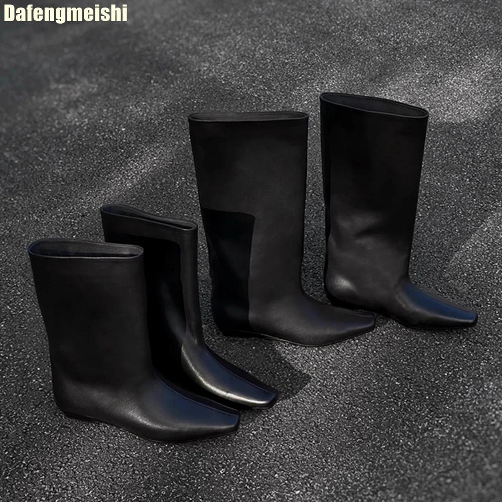 Fashion Cowhide Autumn Winter New Boots Korean Style Simple Square Toe Boots Pull-On Low Heel Knight Boots Women Sleeve Mid-Tube Boots