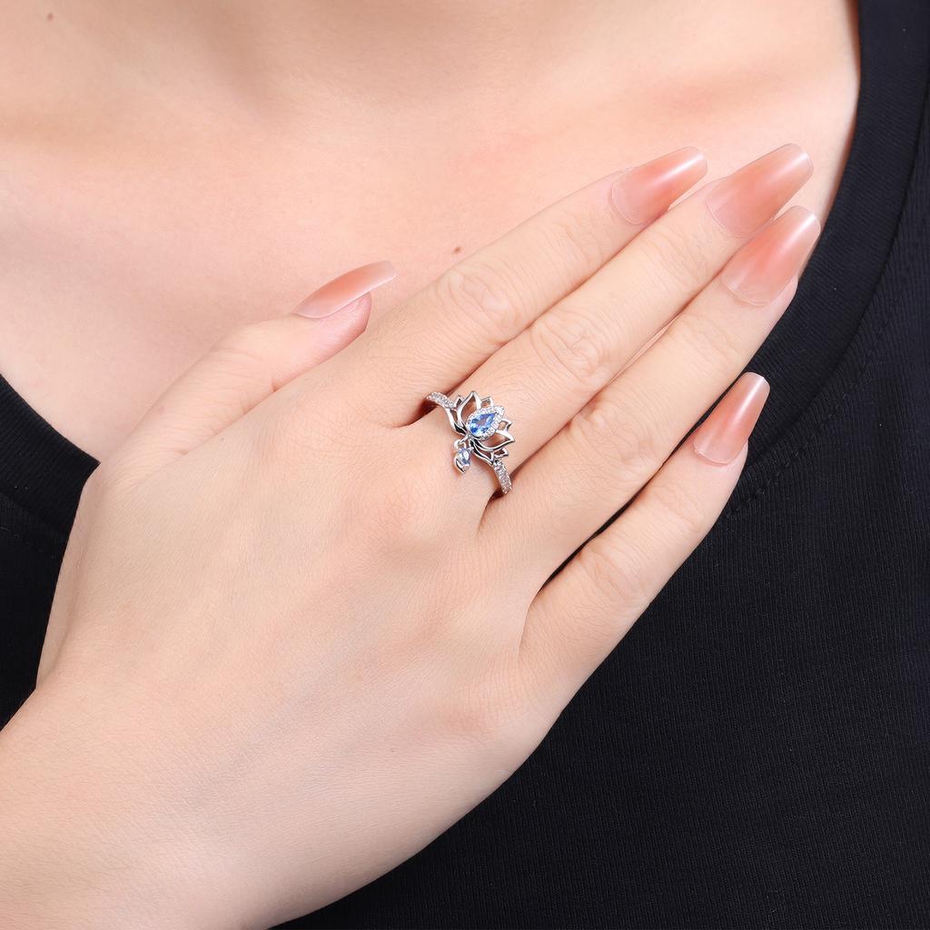 Orstarry   CopperBlue Zircon Lotus Flower Closed Ring For Women Finger Ring Personality Jewelry Party Trendy Gifts