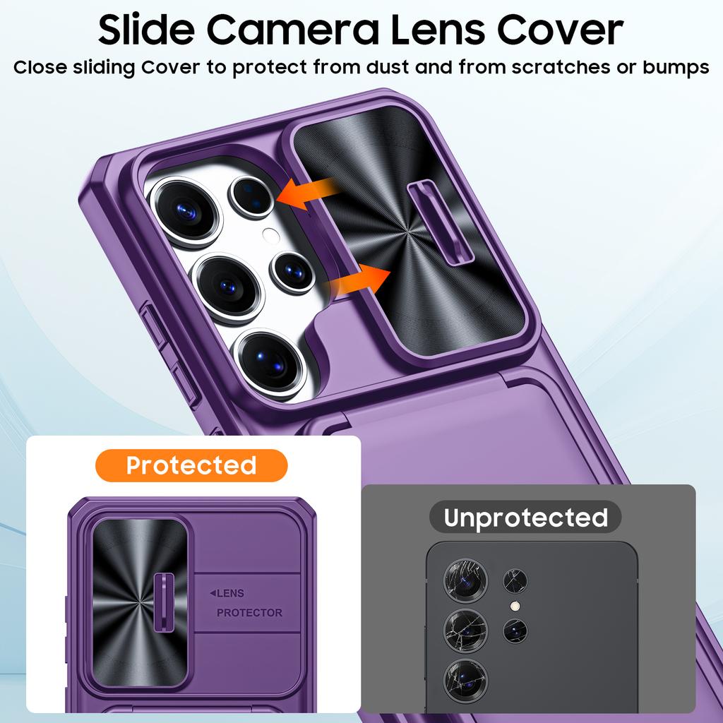 RFID Blocking Phone Case with Wallet Card Holder Raised Bezel and Sliding Lens Cover for Samsung Galaxy S25 Ultra-Purple