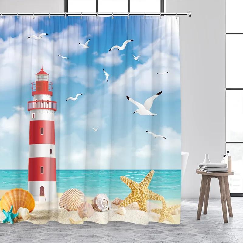 Blue Ocean Lighthouse Shower Curtains Vintage Boat Seagull Sea Waves Watercolour Art Modern Bathroom Curtain Decor With Hooks