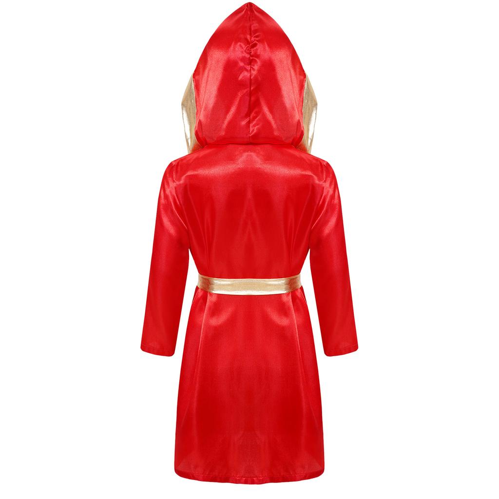 Kids Boys Boxing Robe Boxer Cosplay Costume Long Sleeve Metallic Trim Satin Hooded Cloak Kickboxing Gown for Halloween Party