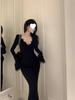 Autumn 2025 Black Slim-Fit Cinched Waist V-Neck Mermaid Dress for Women