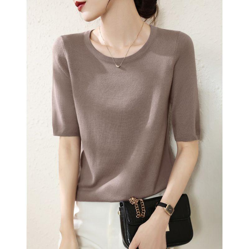 

Shoulder Classy French Summer Half Sleeves Thin T-shirt Coffee camel 2XL