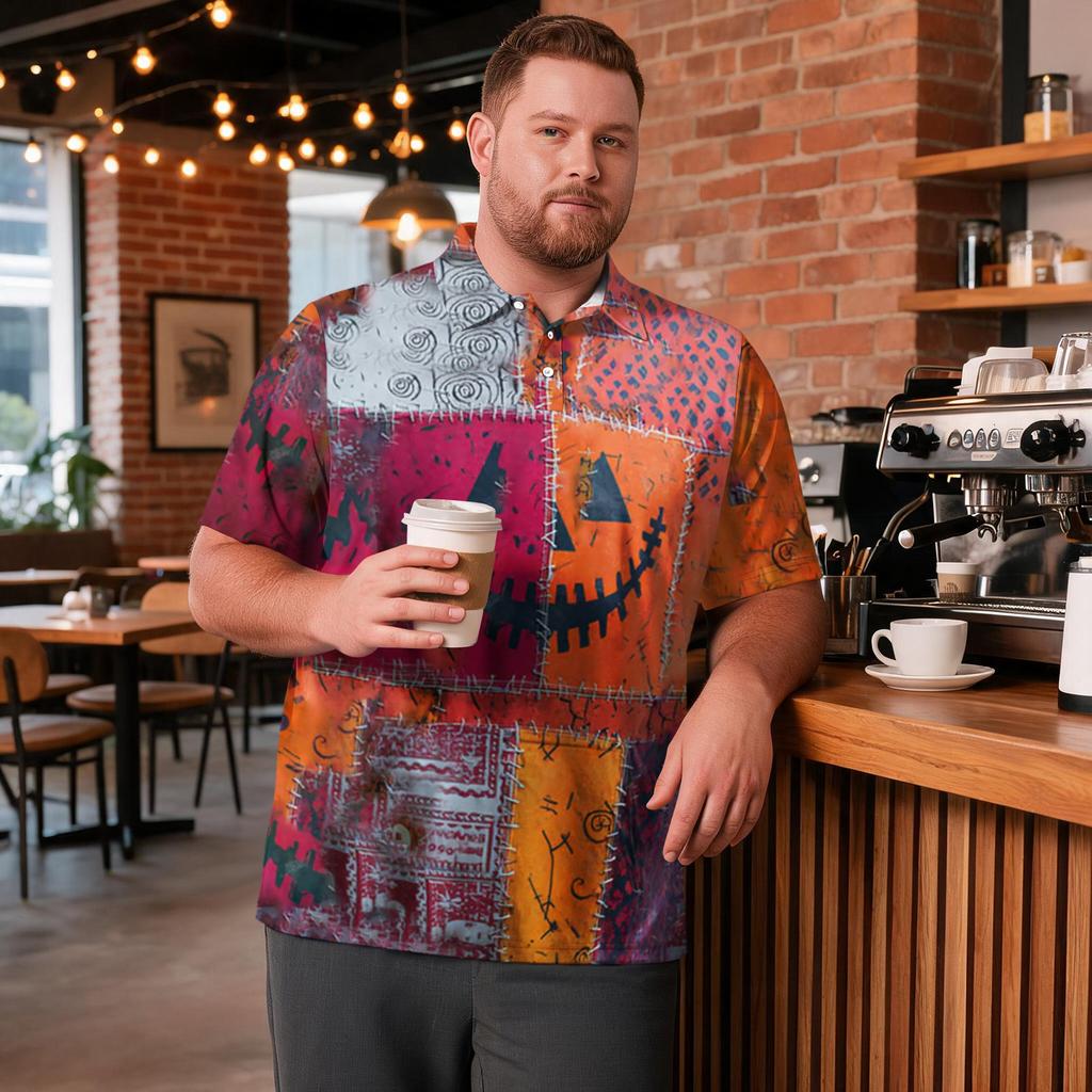 Men's Plus Size Halloween Print Golf Polo Shirt Breathable Short Sleeve Casual Workwear Top with Button Collar