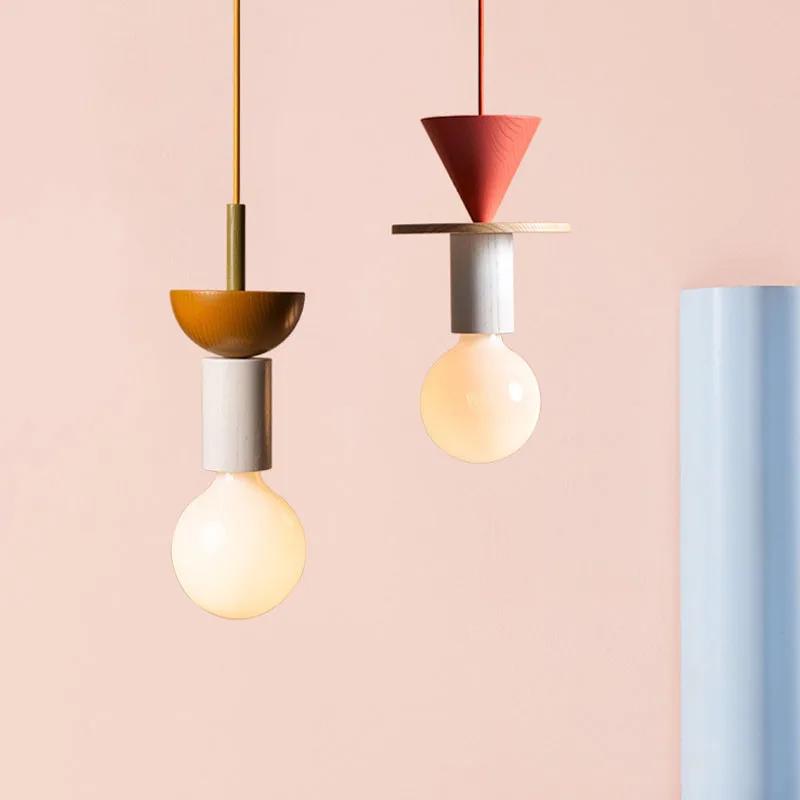 Simple Cartoon Colored Wooden Light Children's Room Bedside Lantern Led for Living Room Wall Switch Ceiling Lamps Chandelier