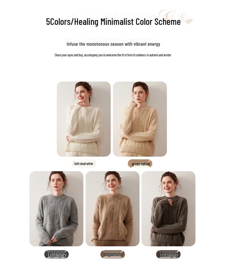 Women's Three-Ply Cashmere Sweater – Loose, Soft, Fluffy, Round Neck Pullover, Versatile Cable Knit for Autumn/Winter.