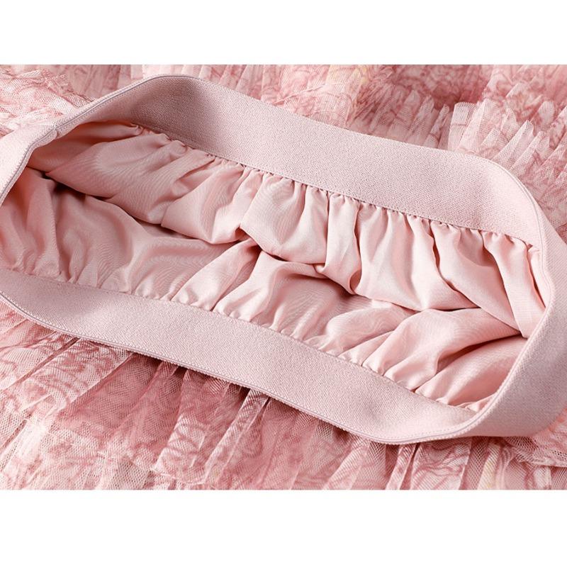 DIMANAF 2025 Summer Women Skirts Vintage Elastic Pleated Elegant Long Skirts New Lace Blue High Waist