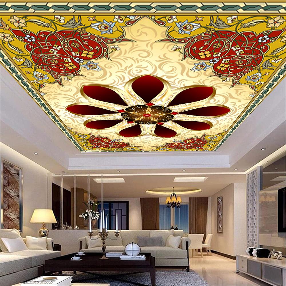 Prächtige Blumen 3D Deckenwandbild, Gold Diamant Blume Tapete für Wohnzimmer Schlafzimmer Arbeitszimmer Decke Wandbild Dekor