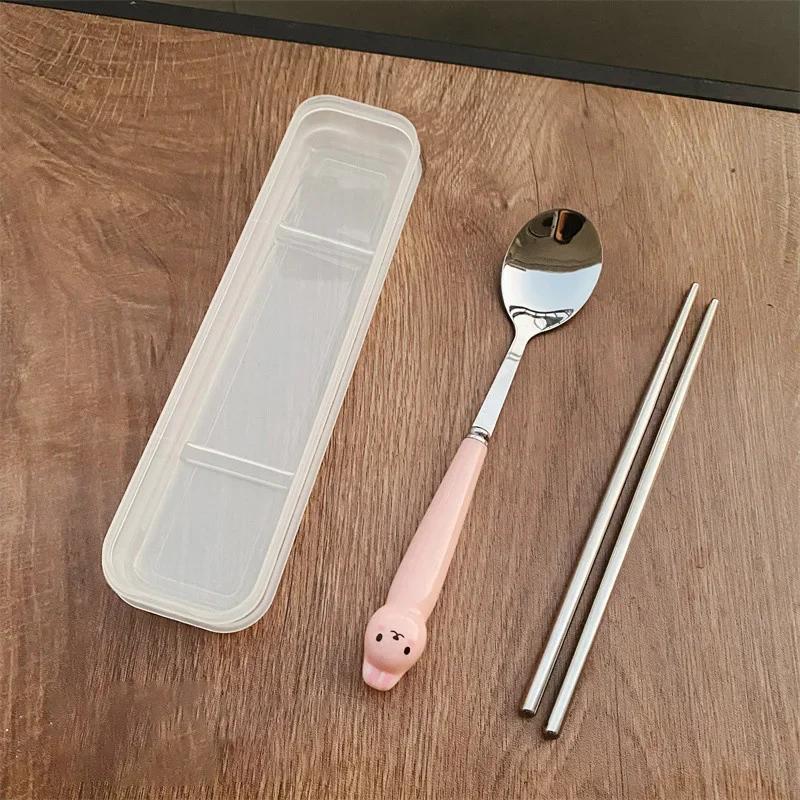 Stainless Steel Cartoon Knife Fork Spoon Kitchen Dinnerware Animals Glossy Ceramic Handle Set With Box For Dessert Steak