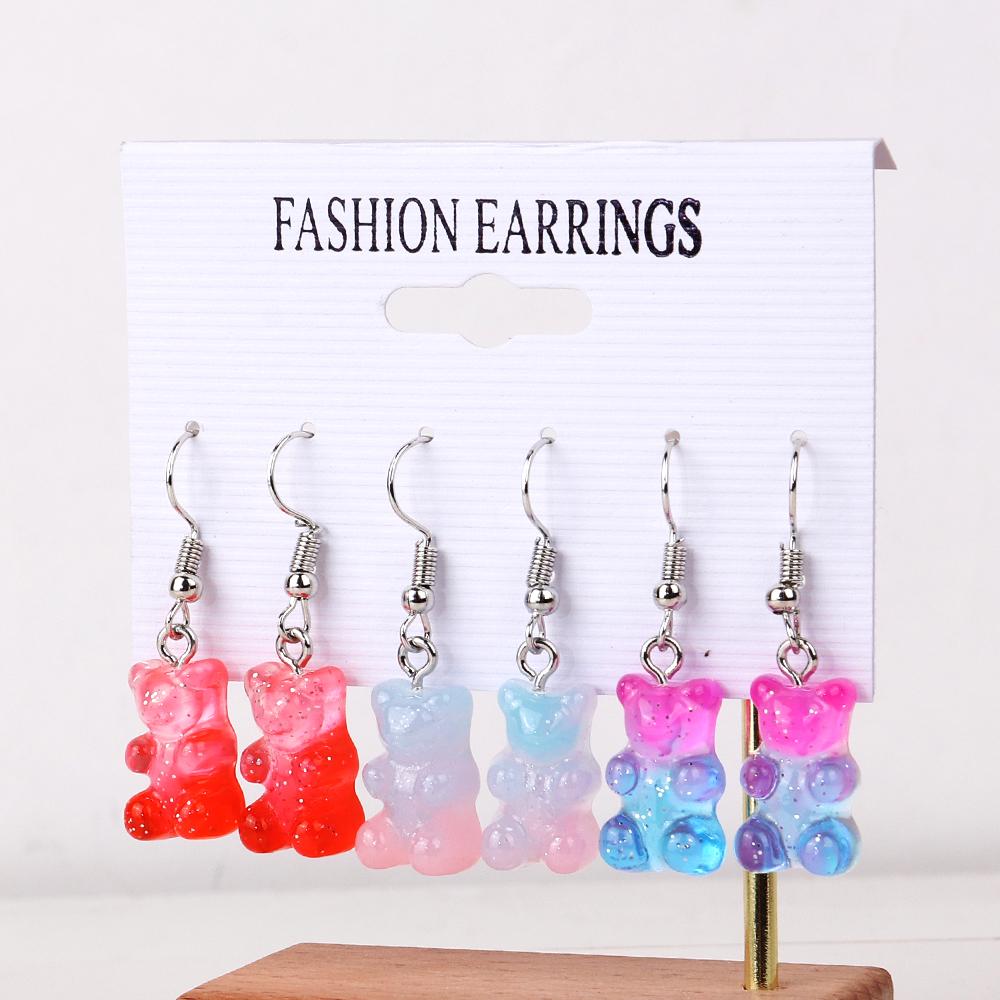 3 Pairs/Set Candy Color Acrylic Gummy Bear Drop Earrings for Women Korean Transparent Resin Jelly Bears Earring Sets Y2k Jewelry