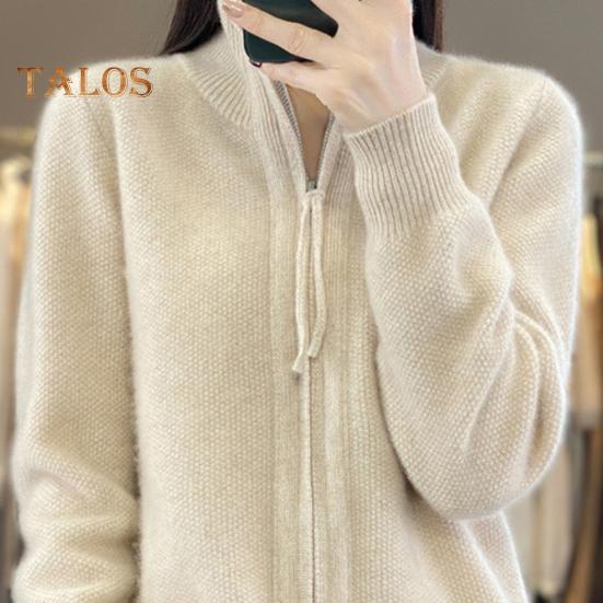 Women Knitted Sweater Coat High Collar Long Sleeve Double Zipper Placket Autumn Winter Solid Color Knitwear