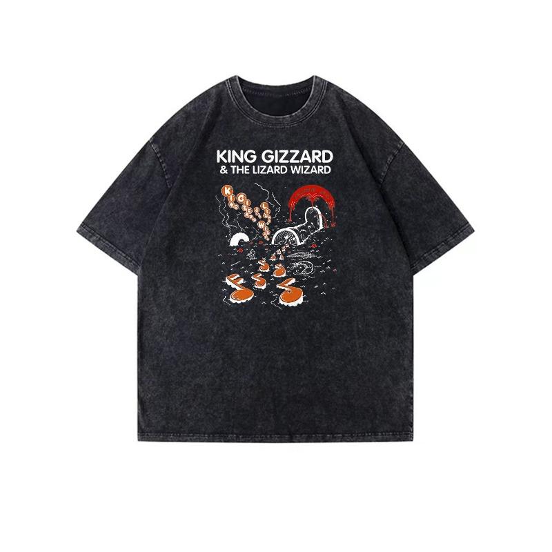 

King Gizzard And The Lizard Wizard Vintage Washed T-Shirt - Casual Round Neck Top for Men,Concert Merch for Festivals (Machine Washable) S чёрный