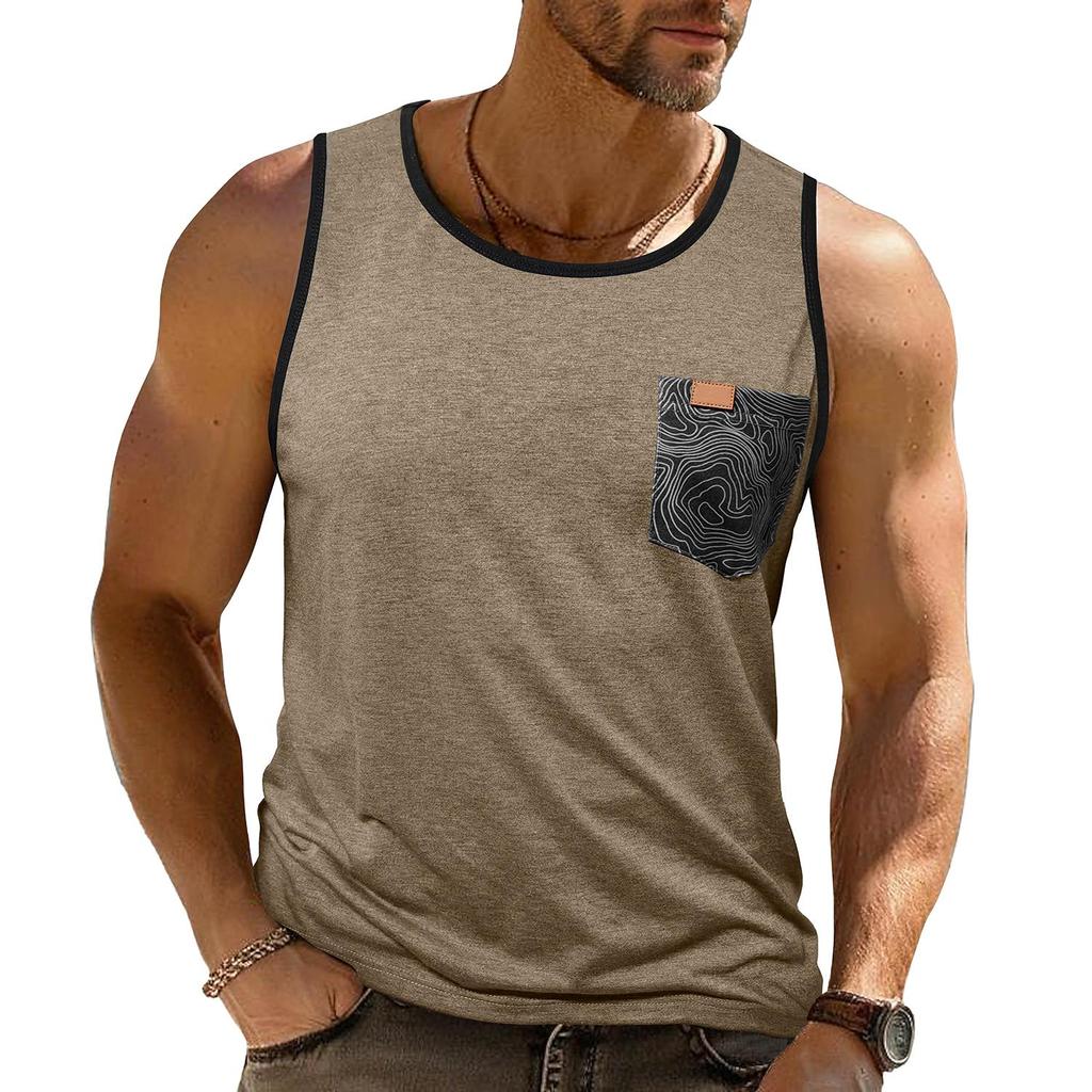 Men’s Vest Sleeveless Tops Printed Chest Pocket Summer Sports Fitness Loose Shirts