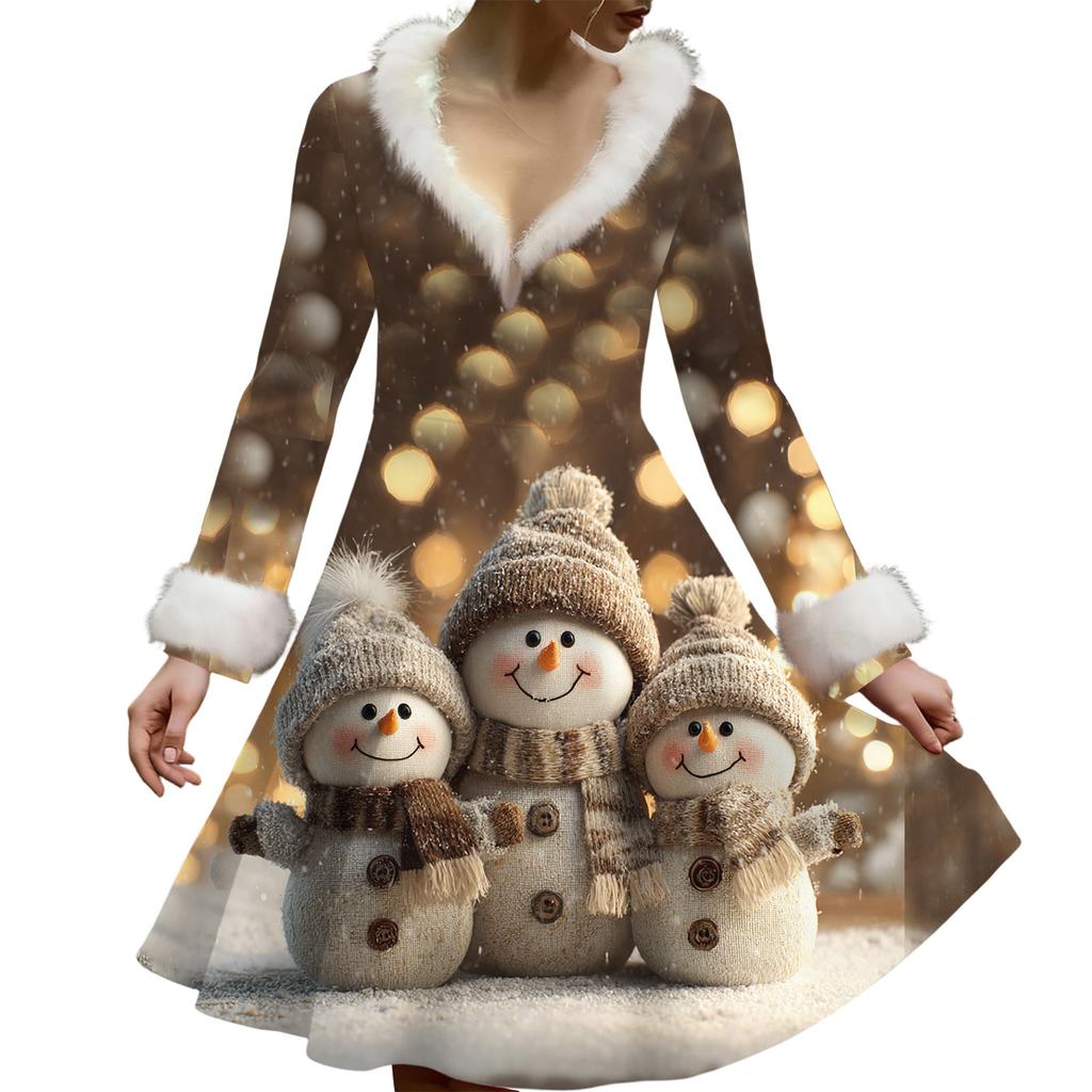 Women's Casual V-neck Christmas Print Plush Long-Sleeve Casual Dress