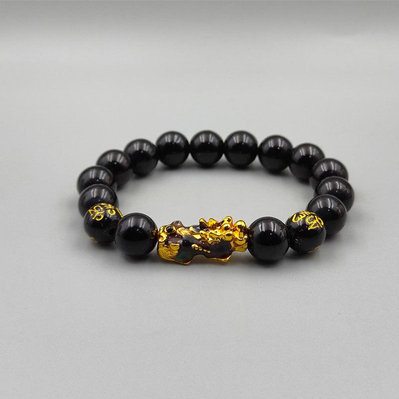 Color-Changing Wealth Pixiu Bracelet: Vietnamese Sand Gold, Six-Character Mantra, Imitation Obsidian Buddhist Beads.