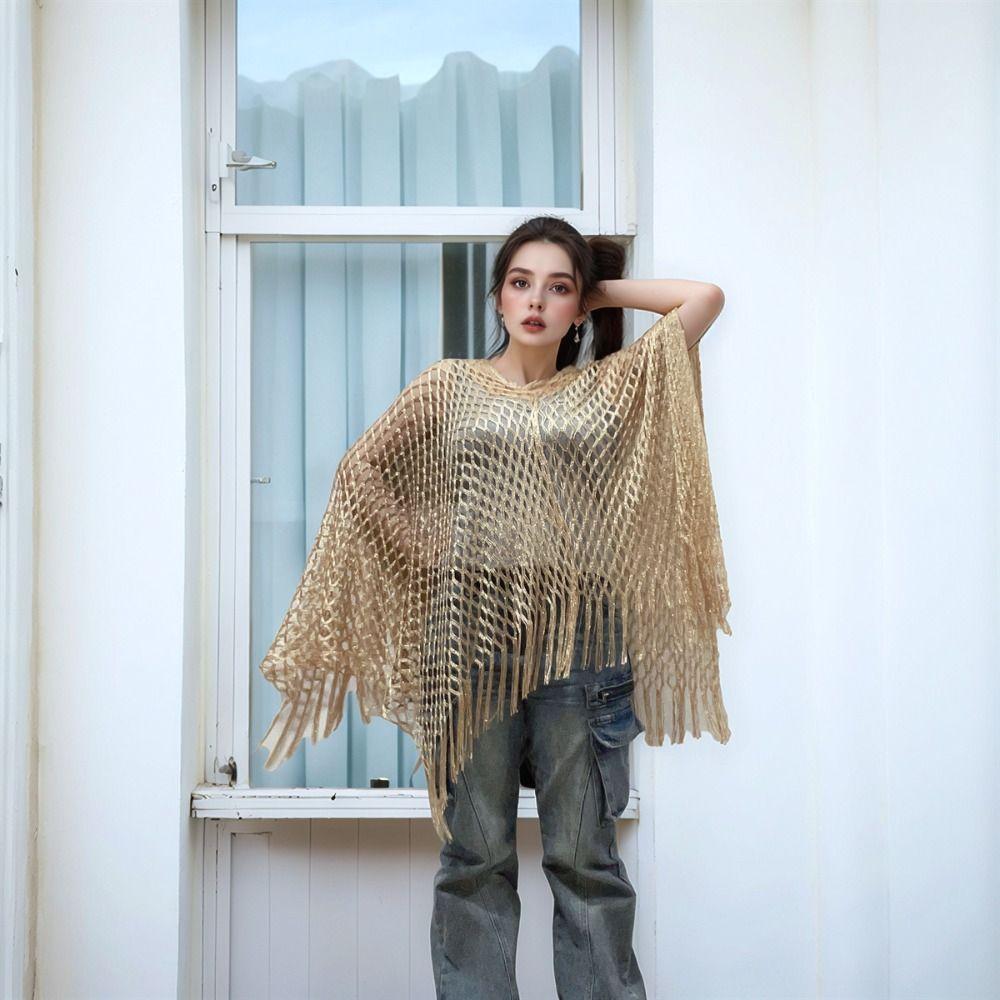 Simple Tassel Sunscreen Cover-up Crochet Loose Fit Bohemian Shawl Plus Size Casual Knit Hollow Out Top Vacation