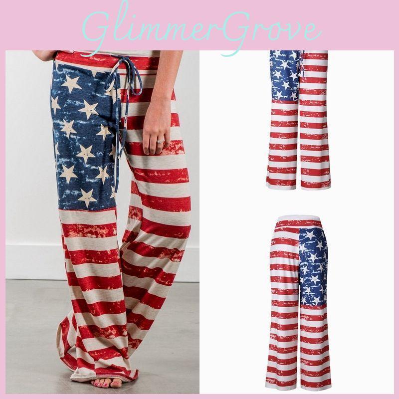 Womens High Waist Casual American Flag Print Drawstring Loose Wide Leg Pants For Summer